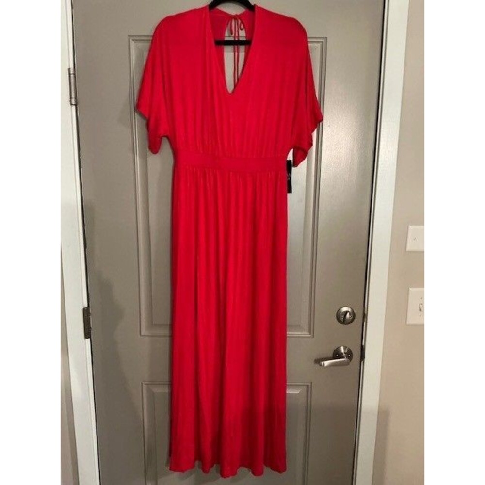 New York & Company Red Maxi Dress Elastic Waist Tie Closure Pockets Sz M slit